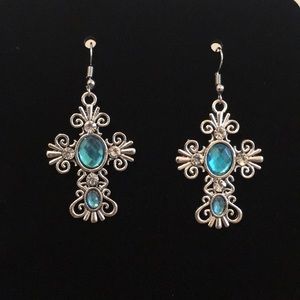 Rhinestone Cross Earrings - Turquoise
